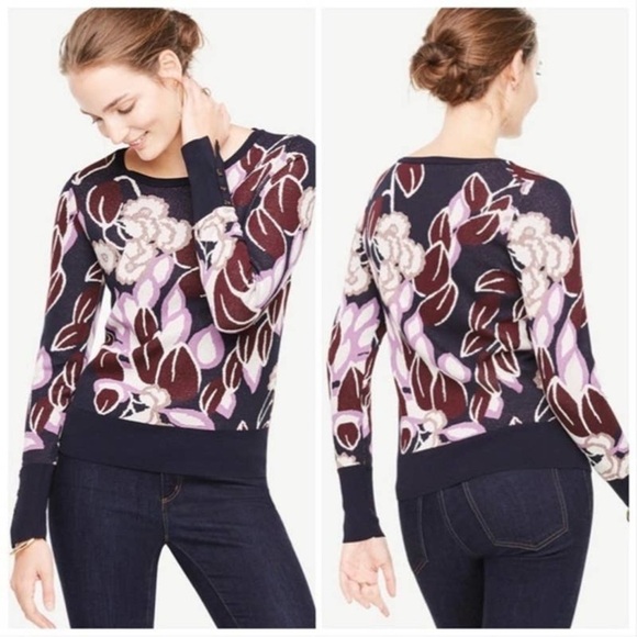 NWT Ann Taylor Botanical Jacquard Button Cuff Sweater, Size S - Picture 1 of 9